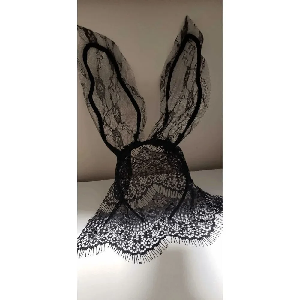 🖤 Sexy Playboy Bunny Costume Black Lace Rabbit Ears Hair Hoop Hairband Mask NEW
